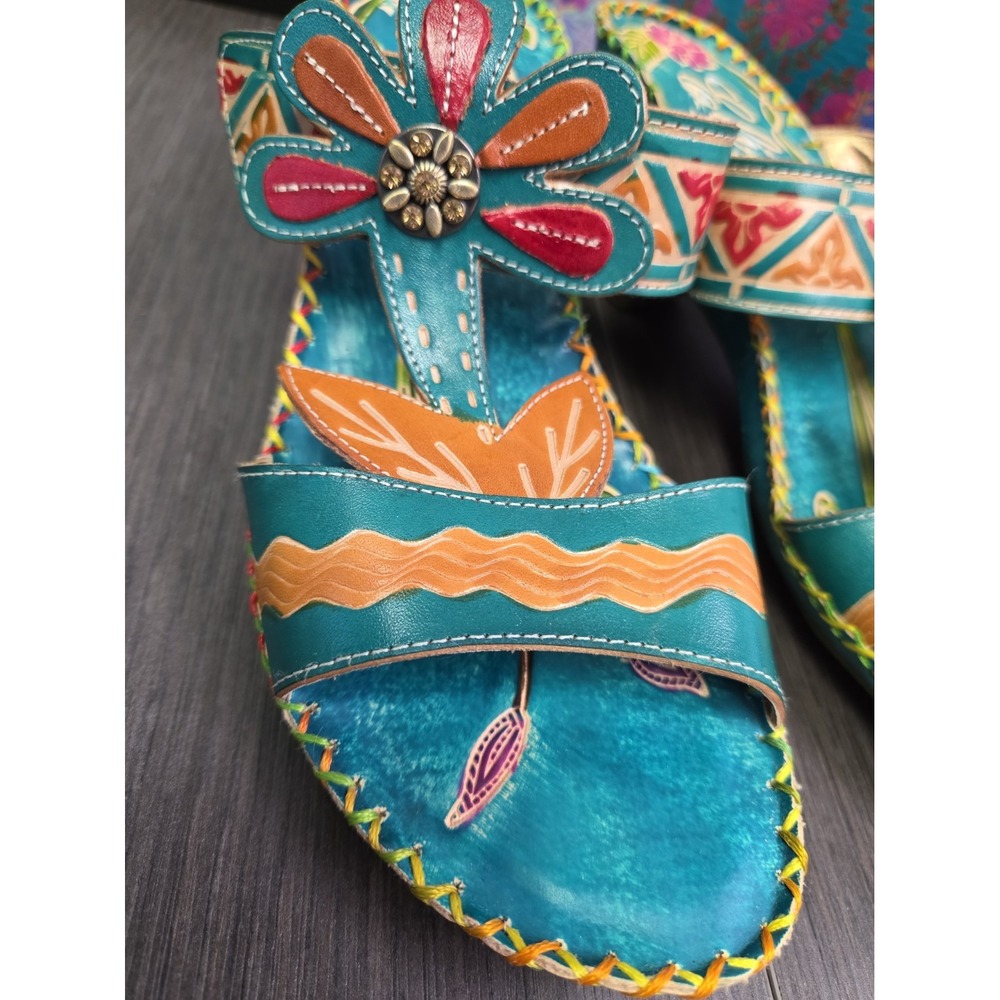 Corkys Elite Wedge Sandals Women 8 Turquoise Leather Slip On Floral Shoes - Picture 3 of 9
